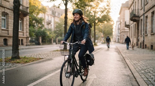 Woman cycling on city street in autumn with buildings and trees