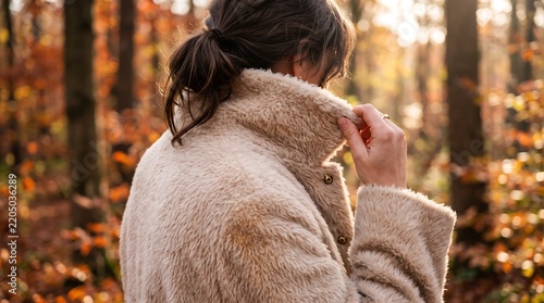 Person wearing cozy beige faux fur coat standing in autumn forest during golden hour for seasonal lifestyle photography.