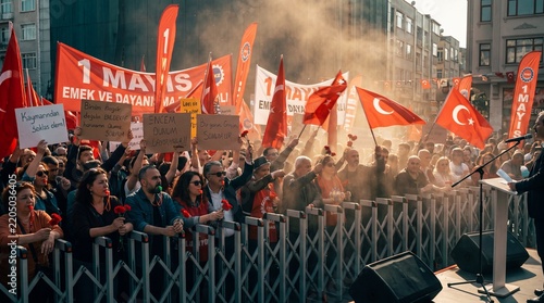 Labour Day Gathering — flags are raised together as a chant starts, Istanbul