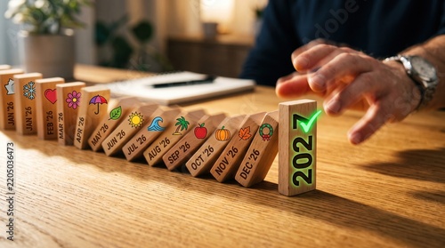 Momentum Carrying Into 2027 with Falling Wooden Dominoes and Final Success Block on Warm Oak Desk
