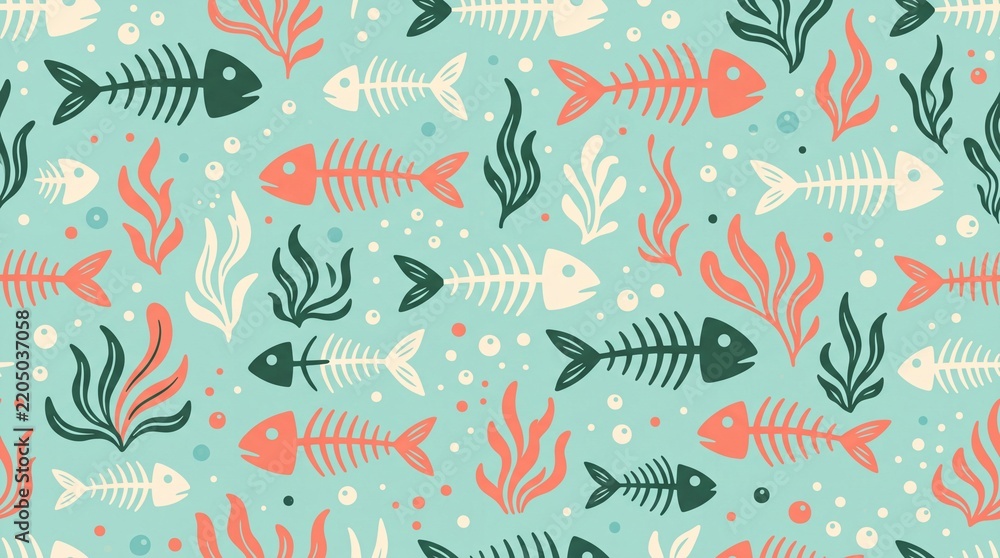Obraz premium Seamless pattern of fish skeletons and seaweed on teal background