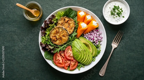 Vegetarian mediterranean salad bowl with fried eggplant and avocado slices for healthy lunch.
