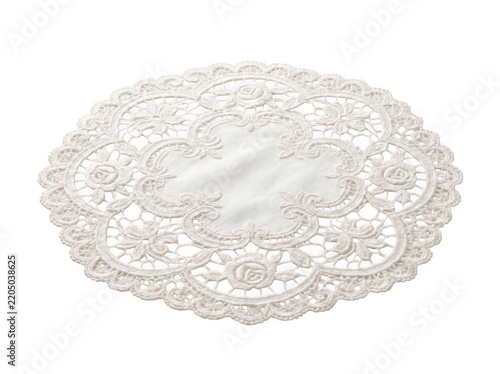 Round ornate white lace doily with intricate pattern isolated on as isolated on transparent background