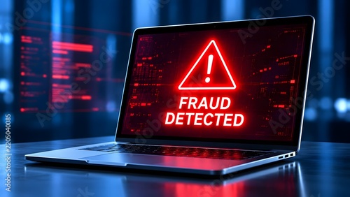 Laptop screen displaying red alert warning triangle with fraud detected text for cyber attack threat and security breach concept