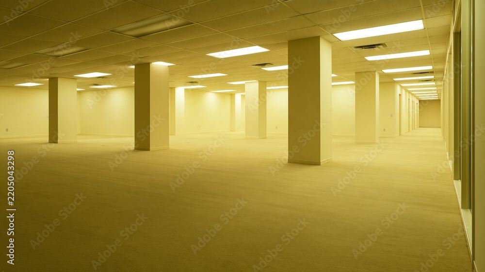 Obraz premium Vast, empty, brightly lit office space with columns and beige carpet, evoking a sense of isolation and repetition