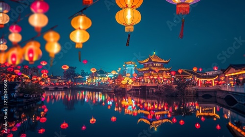 Chinese New Year lantern festival with thousands of glowing red lanterns