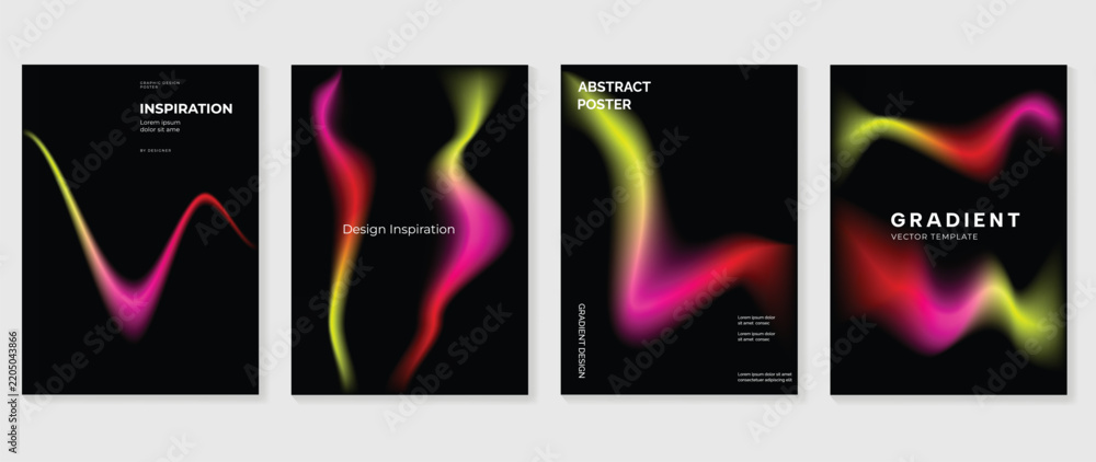 Fototapeta premium Neon abstract vector poster set with glowing wavy gradient lines on black background, vibrant futuristic wall art and design templates