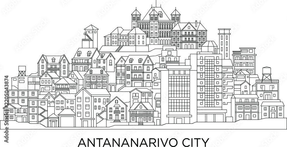 Obraz premium Antananarivo City Skyline Line Art Illustration with Historic Buildings and Urban Architecture
