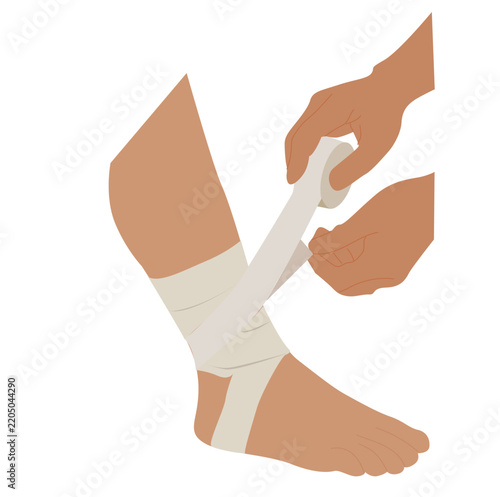 bandage the leg. Injured leg with sprained ankles wrapped in bandage