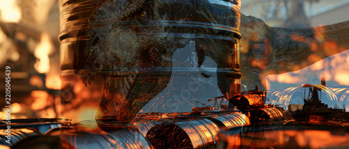 Dramatic double exposure intertwining the fierce gaze of a prehistoric Tyrannosaurus Rex with an industrial oil refinery engulfed in flames and sparks, symbolizing the clash between nature
