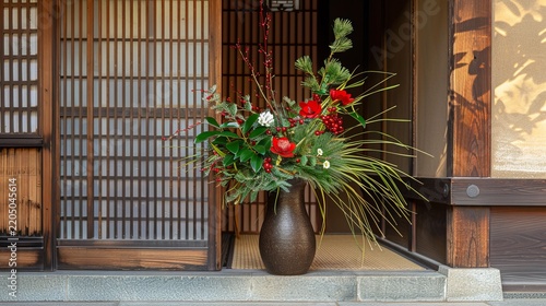 Traditional Japanese Kadomatsu New Year decoration with pine and bamboo