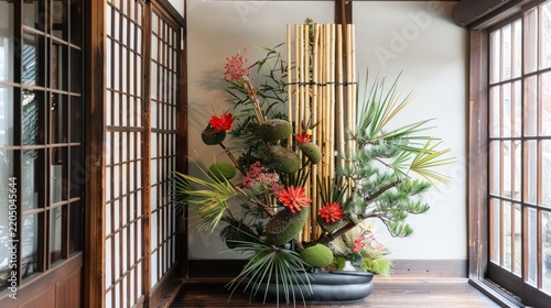 Traditional Japanese Kadomatsu New Year decoration with pine and bamboo