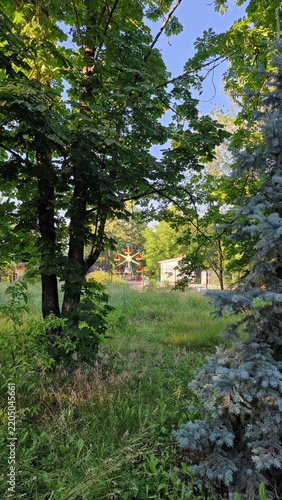 A photo of an old park; abandoned amusement rides are visible in the distance.
