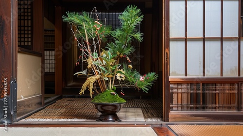 Traditional Japanese Kadomatsu New Year decoration with pine and bamboo