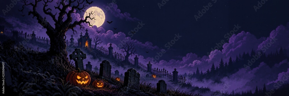 Obraz premium Halloween cemetery with glowing pumpkin under full moon and wide copy space for panoramic banner