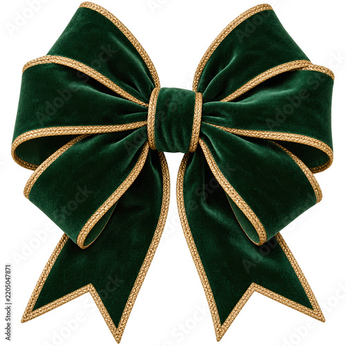 3D green velvet Christmas bow with gold trim, realistic luxury holiday decoration isolated on transparent background for gift packaging, greeting cards, and festive web banner design