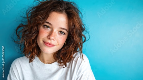 A radiant portrait of a young woman with curly hair smiling warmly, against a blue background, embodying confidence and joy in a simplistic and stunning way.
