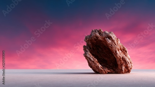 An artistic representation of a unique rock formation set against a vivid colorful sky, symbolizing the beauty and strangeness of natural landscapes in a surreal manner.