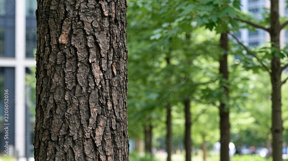 Fototapeta premium Close-up of textured tree bark in an urban park with blurred green foliage and modern buildings in background