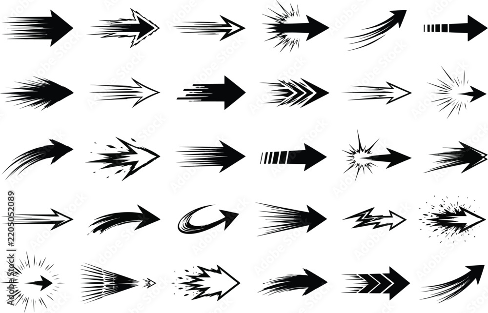 Fototapeta premium Set of black speed motion arrows with dynamic lines