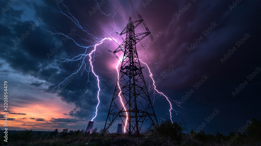 Obraz premium Dramatic lightning strikes illuminate a tall electricity pylon against a stormy, dark purple sky at dusk