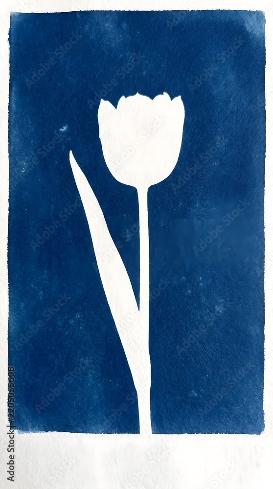 Obraz premium Single Tulip Flower Stem Cyanotype Sun Print Handmade Indigo Blue Nature Wall Art