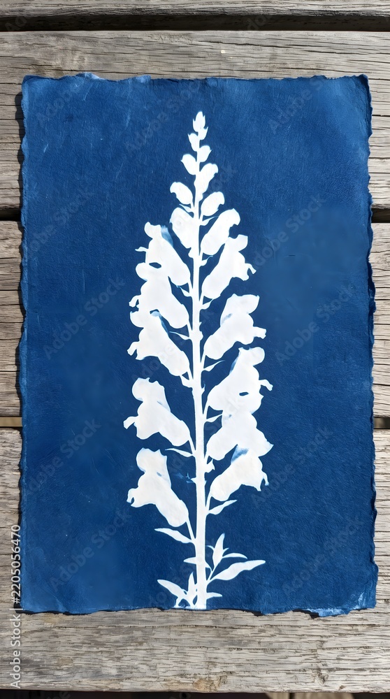 Obraz premium Foxglove Bell Blossom Spike Cyanotype Blueprint Botanical Blue Wall Art