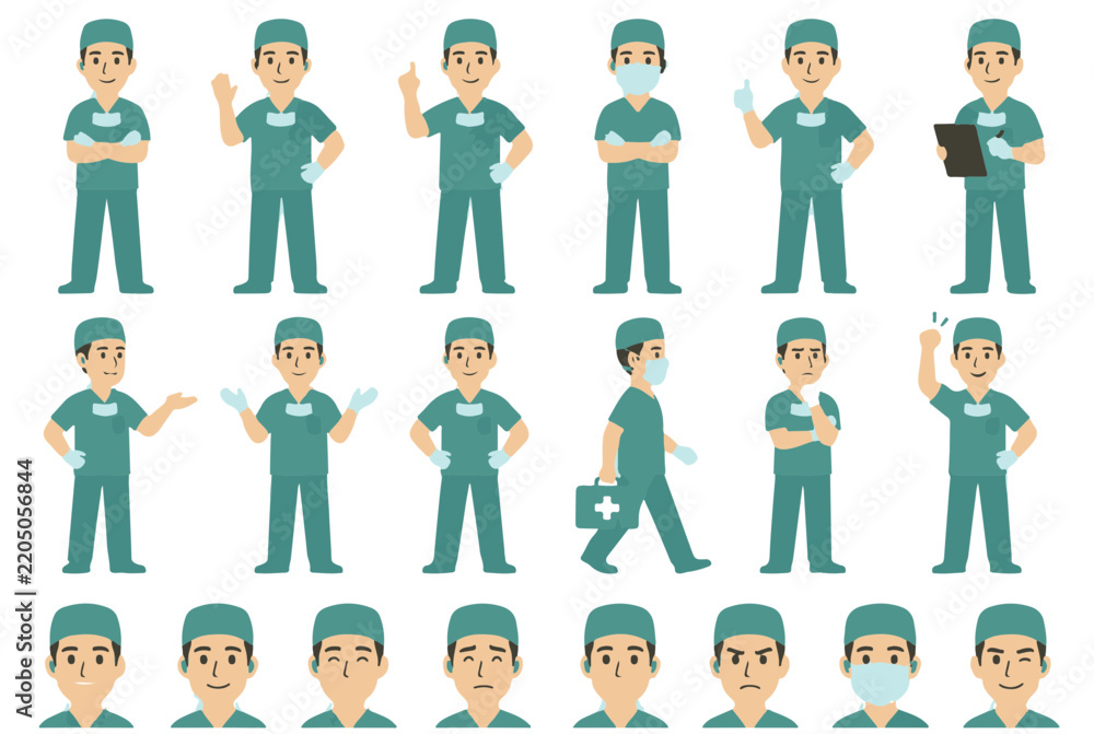 Fototapeta premium Diverse Doctor Cartoon Characters in Scrubs with Various Poses and Expressions