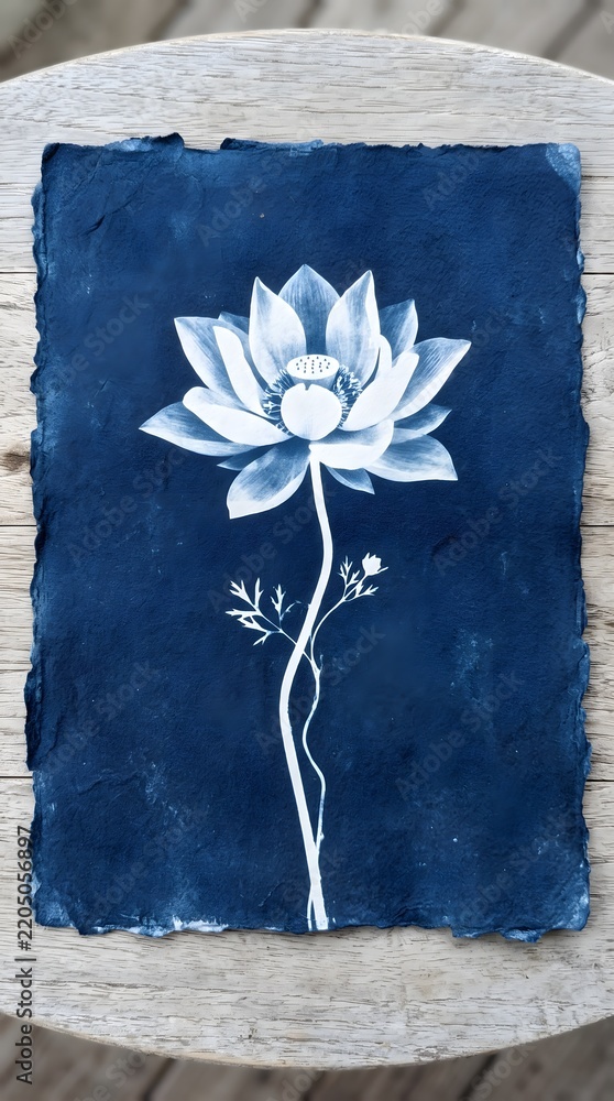 Obraz premium Blooming Lotus Flower Stem Cyanotype Blueprint Botanical Indigo Blue Wall Art Decor