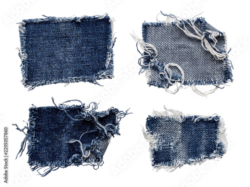 Ripped denim patch set frayed jean fabric swatch collection isolated on black background for fashion collage graphic design rustic textile texture banner rugged vintage blue jeans cotton element