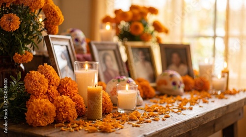 Beautiful Dia de los Muertos ofrenda altar decorated with orange marigold flowers candles and picture frames.