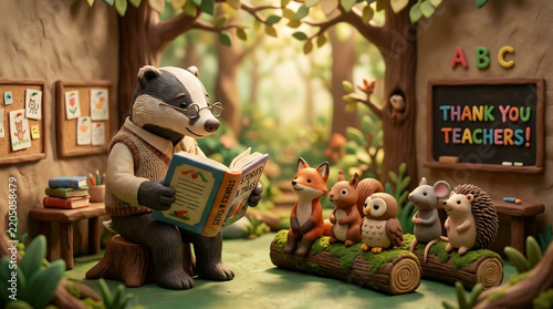 Badger teacher reading a story to cute woodland animal students in a forest school with Thank You Teachers chalkboard, clay Teacher's Day celebration.