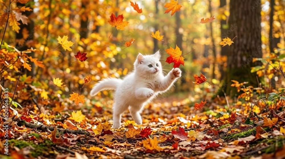 Obraz premium Playful White Kitten Leaping Through Falling Autumn Leaves in a Vibrant Forest