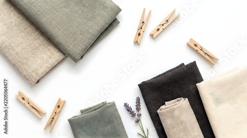 Natural folded fabrics, wooden clothespins, and lavender on white for home and laundry