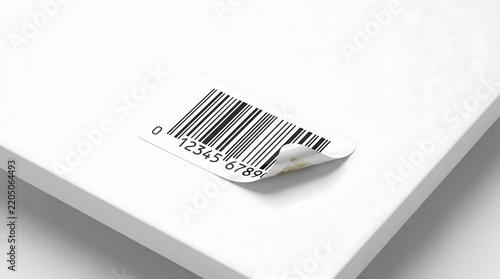 Partially peeled barcode sticker on a clean white surface, close-up shot for product identification