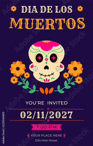 Dia de los Muertos party invitation featuring a skull and marigolds on a purple background. Vector illustration