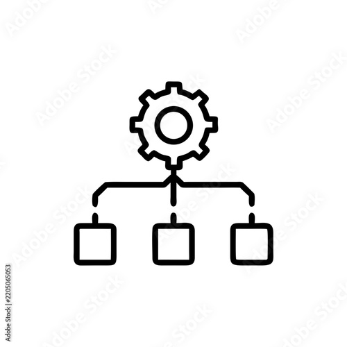 Process flow chart with gear and boxes.