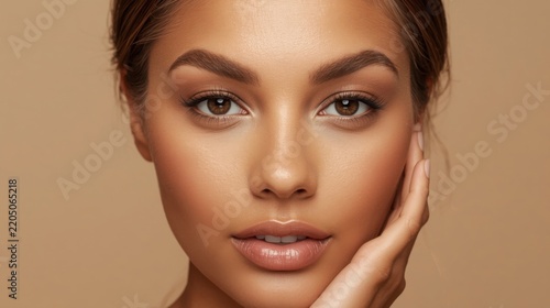 Mujer serena, piel de tono miel, textura sedosa, ojos expresivos, atractivo natural, maquillaje muy sutil, expresión sosegada