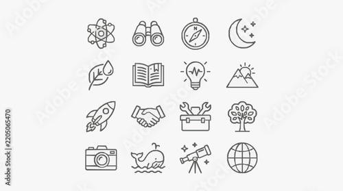 Creative Icons Set Featuring Science Nature Technology and Exploration Concepts