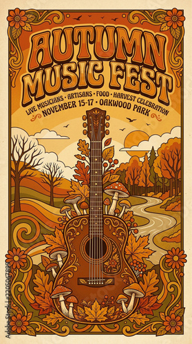 Retro Autumn Music Fest Poster Design, Psychedelic Fall Festival Banner with Acoustic Guitar and Nature Landscape