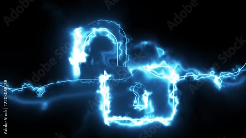 Glowing lock animation depicting electric energy streaks moving across an open padlock symbol on a dark background. 4K animation.