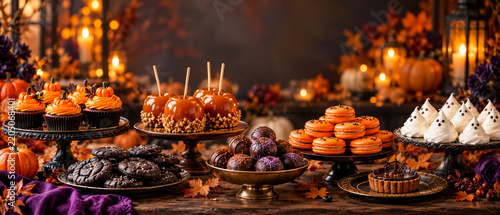 Halloween sweets arranged on a festive dessert table with cupcakes, caramel apples, macarons and cookies. Seasonal treats for a Halloween party. Autumn baking and celebration. Sweet buffet.