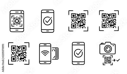 QR Code Scanner and Smartphone Contactless Payment Editable Line Icon Set