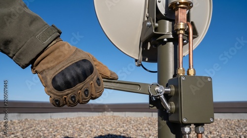 Earth station satellite communication antenna emergency uplink grounding disconnect lever, field technician tactical gloved hand turning olive drab switch box handle under clear blue sky