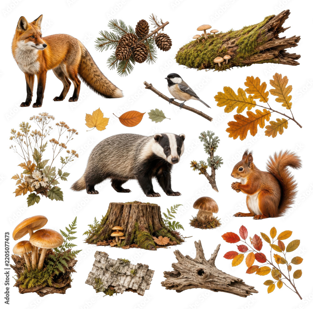 Obraz premium Autumn woodland animal and fungi PNG collage on transparent background