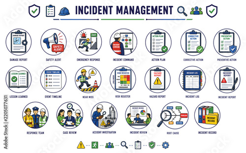 Incident Management Workplace Safety Response and Investigation Icon Set
