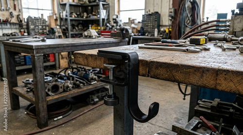 Black metal clamp-on hook attached to wooden workbench in industrial