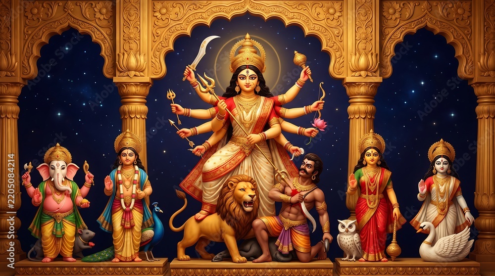Fototapeta premium A majestic depiction of goddess durga the powerful protector surrounded by her divine companions and mount