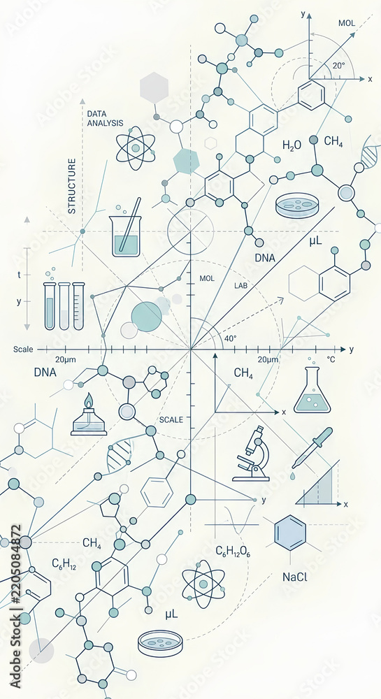 Obraz premium Scientific diagrams and chemical structures vector illustration with teal accents