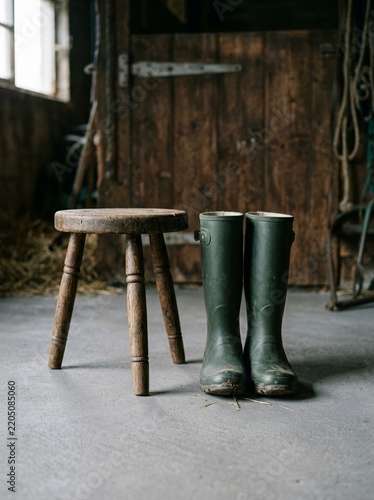 Green rubber boots standing next to a rustic three-legged wooden stool on a concrete floor inside a farm barn